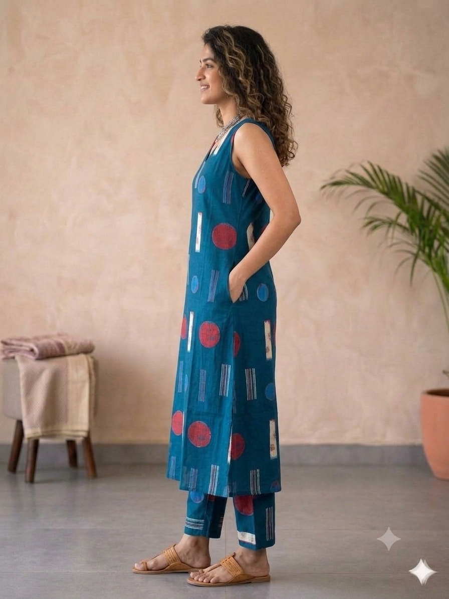 Teal Geometric - Sleeveless V-Neck Cotton Kurta Set