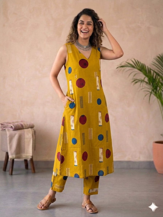 Teal Geometric - Sleeveless V-Neck Cotton Kurta Set