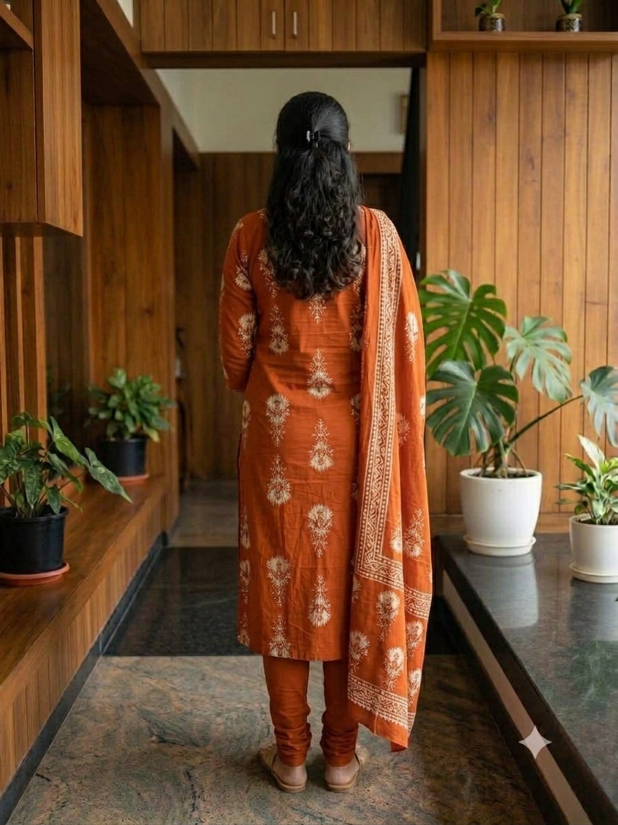 Earthy Rust - Ethnic Motif V-Neck Kurta Set