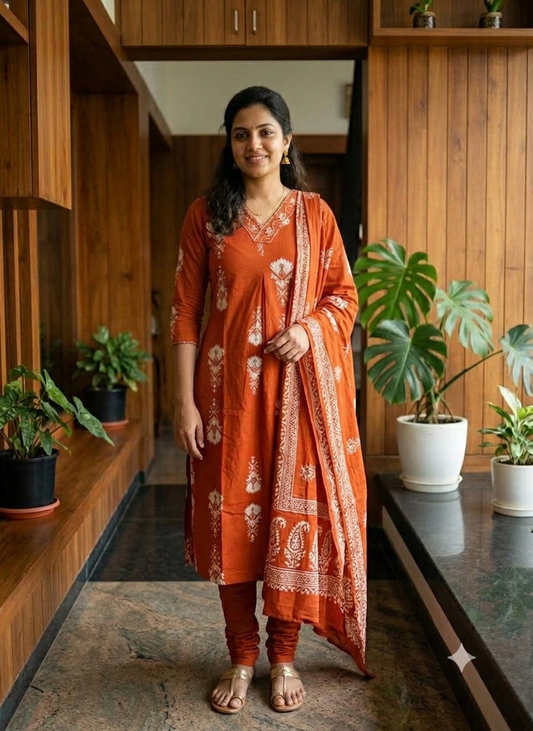 Earthy Rust - Ethnic Motif V-Neck Kurta Set