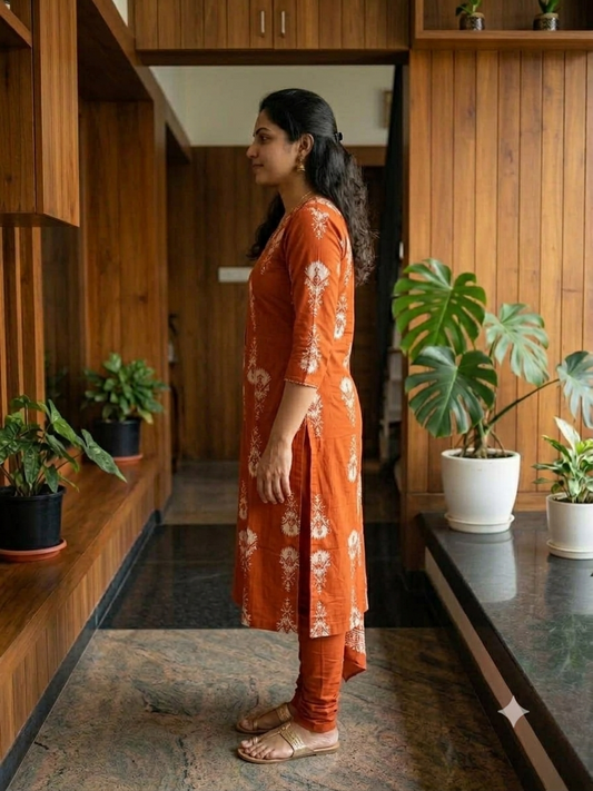 Earthy Rust - Ethnic Motif V-Neck Kurta Set