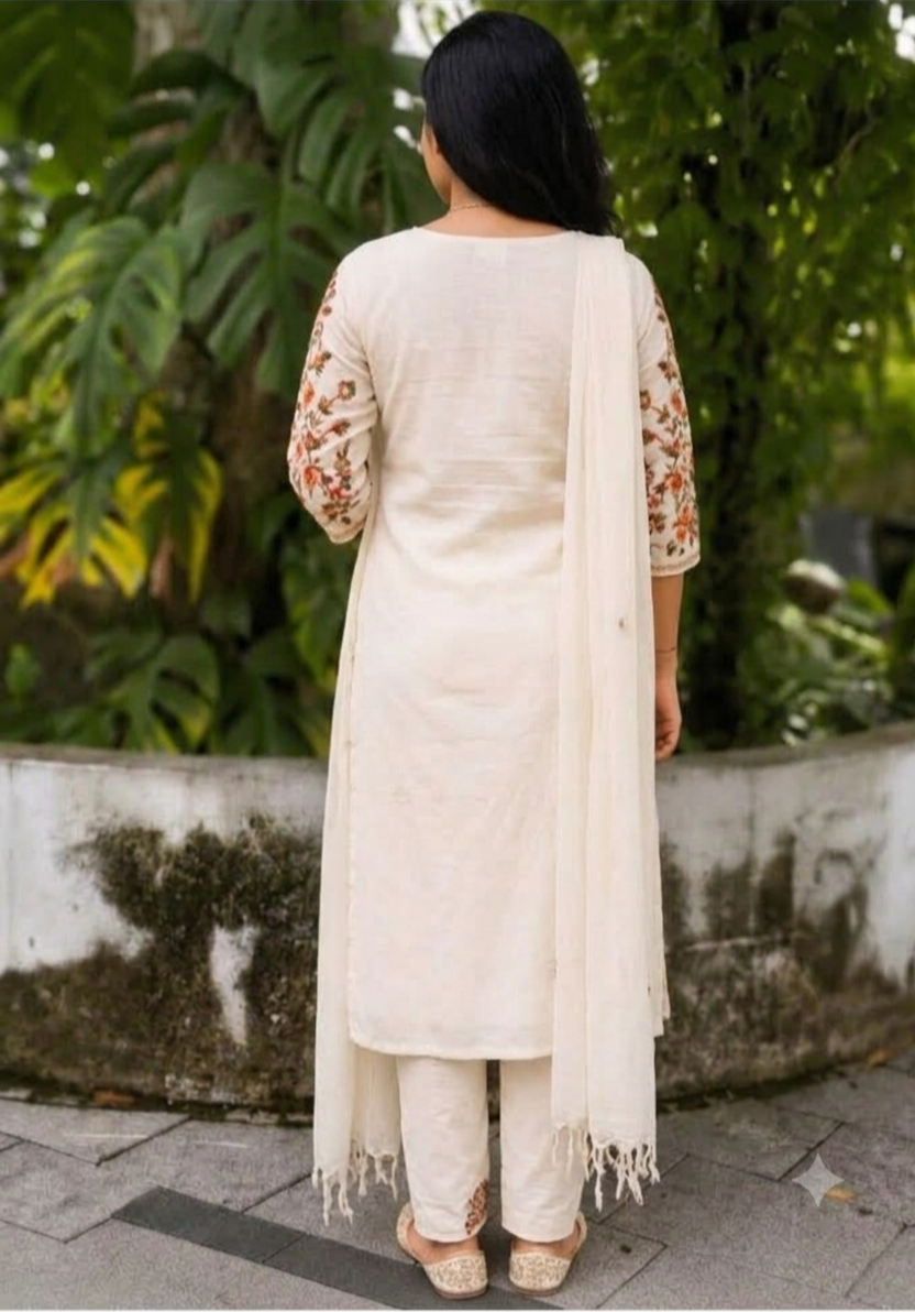 Ivory Elegance - Kashmiri Floral Embroidered Straight Kurta Set