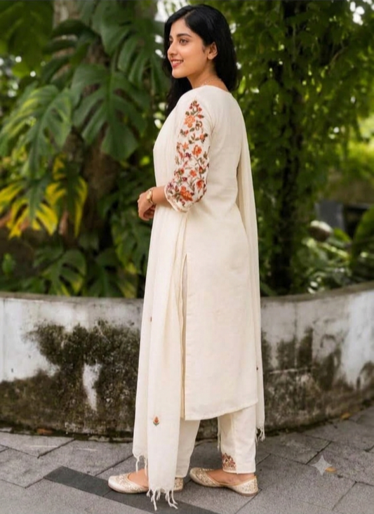 Ivory Elegance - Kashmiri Floral Embroidered Straight Kurta Set