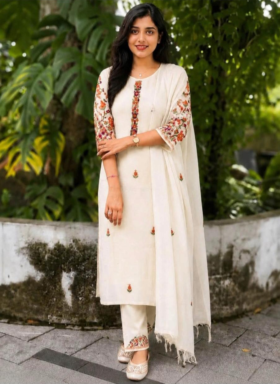 Ivory Elegance - Kashmiri Floral Embroidered Straight Kurta Set
