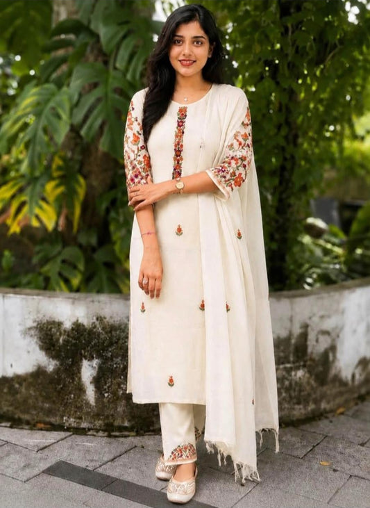 Ivory Elegance - Kashmiri Floral Embroidered Straight Kurta Set