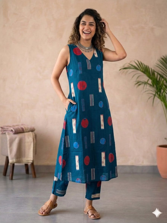 Teal Geometric - Sleeveless V-Neck Cotton Kurta Set