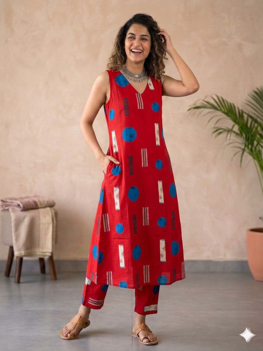 Teal Geometric - Sleeveless V-Neck Cotton Kurta Set