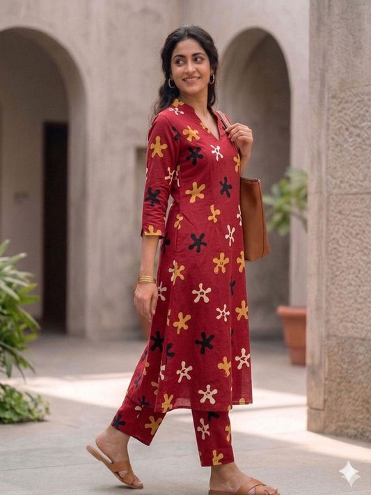 Urban Crimson - Modern Block Printed Straight Kurta Set